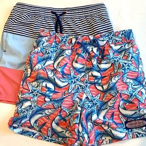 2 Pairs Vineyard Vines Boys’ printed Chappy swim trunks, size 7, sold as 1 lot